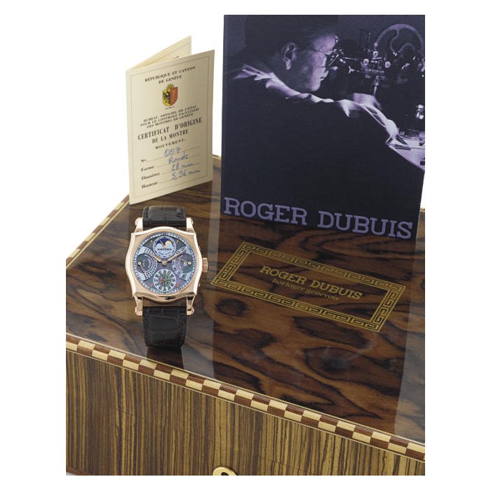 ROGER DUBUIS. A FINE AND RARE LIMITED EDITION 18K PINK GOLD AND MOTHER-OF-PEARL SHAPED SQUARE PERPETUAL CALENDAR TOURBILLON WRISTWATCH WITH MOON PHASES SIGNED ROGER DUBUIS, HOROLOGER GENEVOIS, "SYMPATHIE", NO. 14/28, MOVEMENT NO. 007, CIRCA 2001