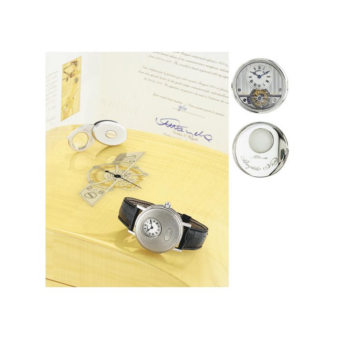 BREGUET. A FINE AND EXTREMELY RARE LIMITED EDITION PLATINUM HALF-HUNTER CASE TOURBILLON WRISTWATCH SIGNED BREGUET, TOURBILLON 1801-2001, NO. AND 959L, REF. 1901, MANUFACTURED IN 2001