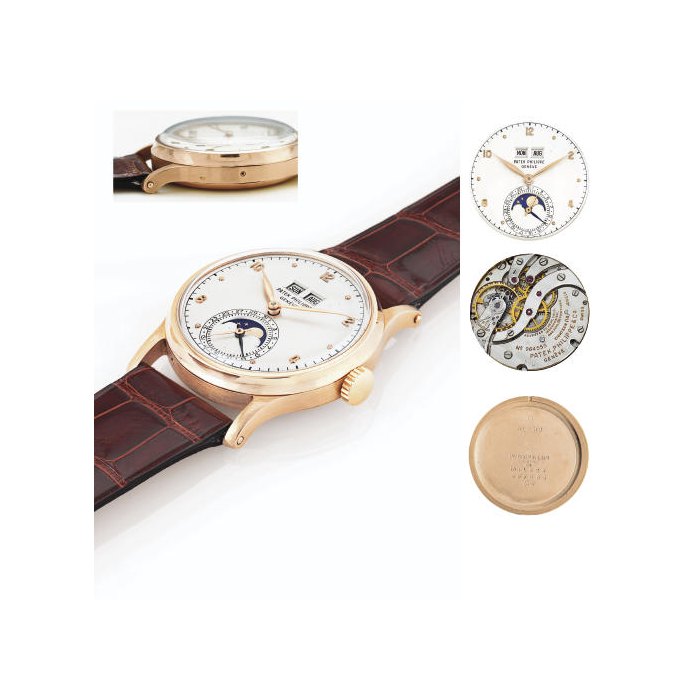 PATEK PHILIPPE. A FINE AND EXTREMELY RARE 18K PINK GOLD PERPETUAL CALENDAR WRISTWATCH WITH MOON PHASES SIGNED PATEK PHILIPPE, MOVEMENT NO. 964555, CASE NO. 657235, REF. 1526, MANUFACTURED IN 1949