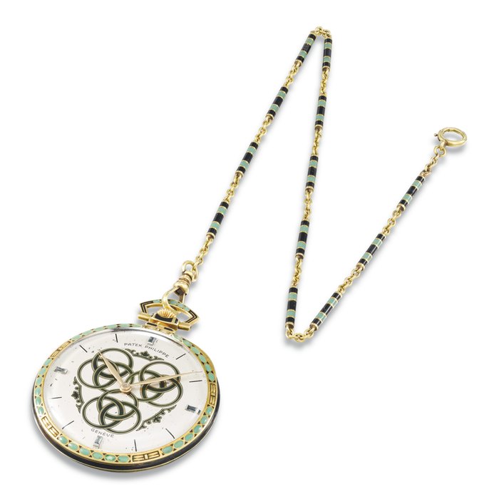 PATEK PHILIPPE, POSSIBLY UNIQUE 18K GOLD, ENAMEL AND JADEITE OPENFACE KEYLESS LEVER WATCH WITH GRECO-ROMAN DECORATED DIAL AND MATCHING CHAIN