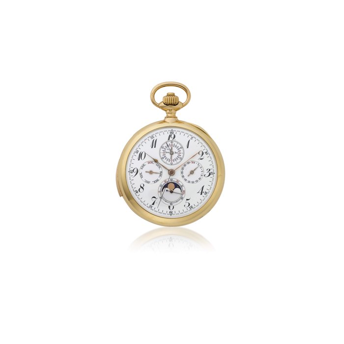 AUDEMARS PIGUET, GOLD MINUTE REPEATING PERPETUAL CALENDAR CHRONOGRAPH POCKET WATCH, RETAILED BY GUBELIN MOVEMENT AND CASE NO. 12'584