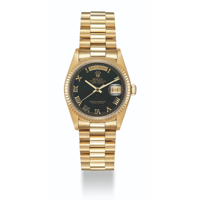 ROLEX, GOLD DAY-DATE WITH BLOODSTONE DIAL, REF. 18038 CASE NO. 9'820'481