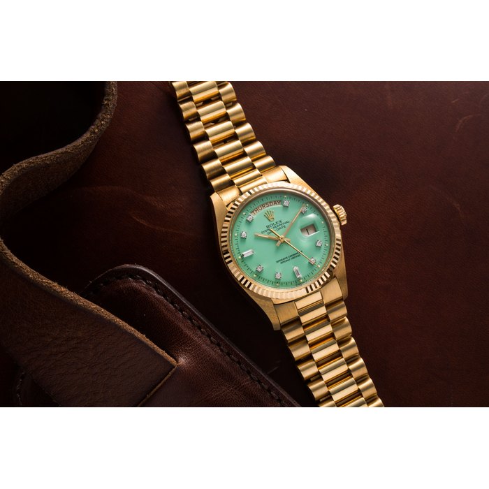 ROLEX, GOLD AND DIAMONDS DAY-DATE WITH BABY GREEN STELLA DIAL, REF. 1803 CASE NO. 5’176’595