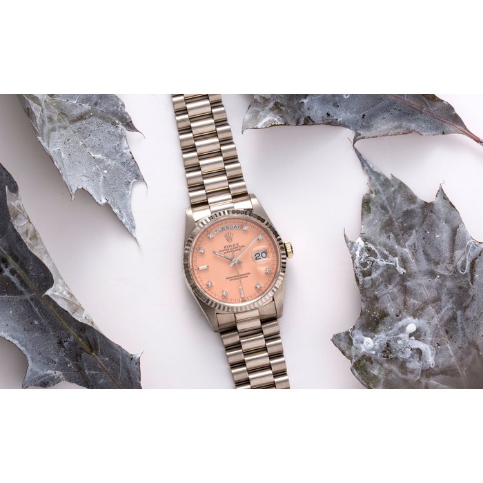 ROLEX, WHITE GOLD AND DIAMONDS DAY-DATE WITH PINK STELLA DIAL, REF. 18239 CASE NO. E18338