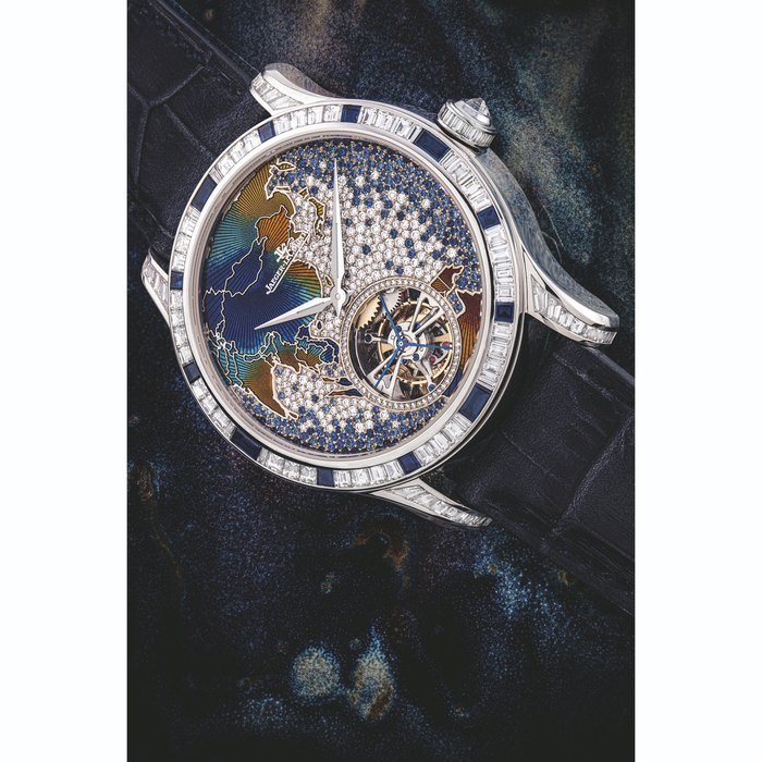 Jaeger-Lecoultre JAEGER-LECOULTRE. AN EXTREMELY RARE AND ATTRACTIVE LIMITED EDITION PLATINUM, DIAMOND AND SAPPHIRE-SET AUTOMATIC TOURBILLON WRISTWATCH WITH ENAMEL DIAL MASTER GRAND TOURBILLON CONTINENTS MODEL, CIRCA 2010
