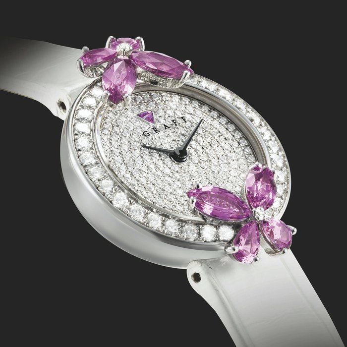 GRAFF. A LADY ’ S ELEGANT 18K WHITE GOLD, DIAMOND AND VIOLET SAPPHIRE-SET WRISTWATCH BUTTERFLY II MODEL, CIRCA 2020