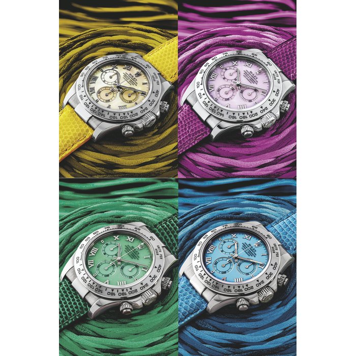 ROLEX. A GROUP OF FOUR 18K WHITE GOLD AUTOMATIC CHRONOGRAPH WRISTWATCH WITH YELLOW MOTHER-OF-PEARL, PINK MOTHER-OF-PEARL, TURQUOISE CHRYSOPRASE AND GREEN CHRYSOPRASE DIALS DAYTONA MODEL, REF. 116519, “BEACH”, CIRCA 2000 to 2002