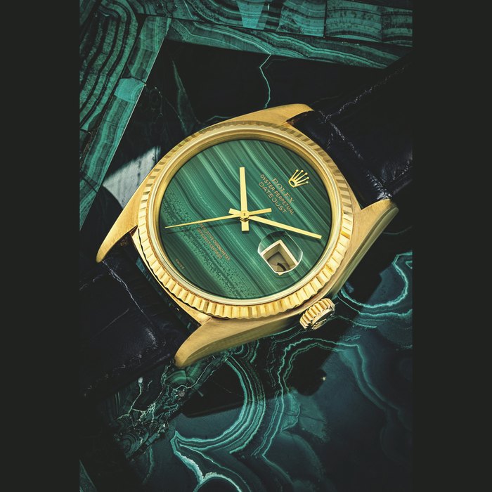 ROLEX. AN 18K GOLD AUTOMATIC WRISTWATCH WITH SWEEP CENTRE SECONDS, DATE AND MALACHITE DIAL DATEJUST MODEL, REF. 16018, CIRCA 1983