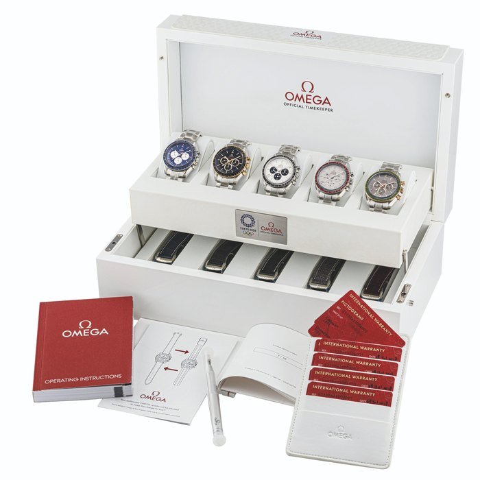 Omega OMEGA. A SET OF 5 STAINLESS STEEL LIMITED EDITION CHRONOGRAPH WRISTWATCHES WITH BRACELETS SPEEDMASTER MOONWATCH PROFESSIONAL MODEL, “TOKYO 2020” LIMITED EDITION OF 55 PIECES, CIRCA 2018