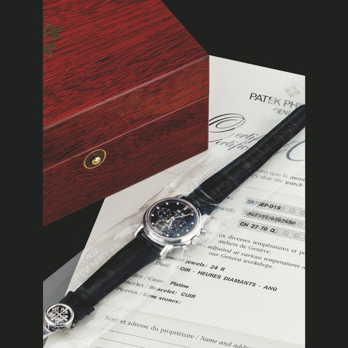 PATEK PHILIPPE. A RARE PLATINUM PERPETUAL CALENDAR CHRONOGRAPH WRISTWATCH WITH MOON PHASES, 24 HOUR INDICATION, LEAP YEAR INDICATION AND BLACK DIAL WITH DIAMOND INDEXES, SINGLE SEALED REF. 3970E, CIRCA 2004