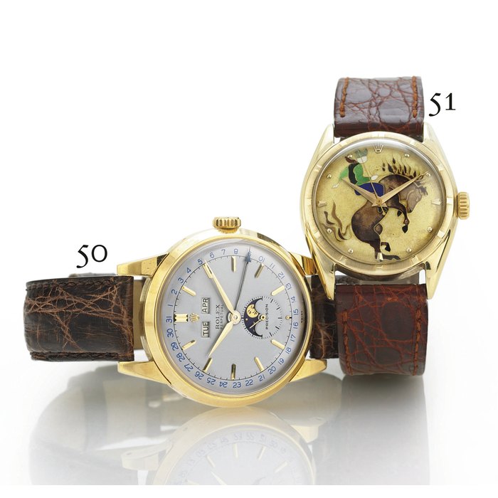 ROLEX. A RARE GOLD AUTOMATIC TRIPLE CALENDAR WRISTWATCH WITH MOON PHASES SIGNED ROLEX, PERPETUAL, PRECISION, MOVEMENT NO. 10322, REF. 8171, CIRCA 1950