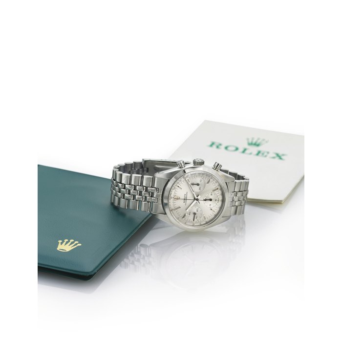 ROLEX. A FINE AND RARE STAINLESS STEEL CHRONOGRAPH WRISTWATCH WITH BRACELET SIGNED ROLEX, CHRONOGRAPH, CASE NO. 1226550, REF. 6238, CIRCA 1959