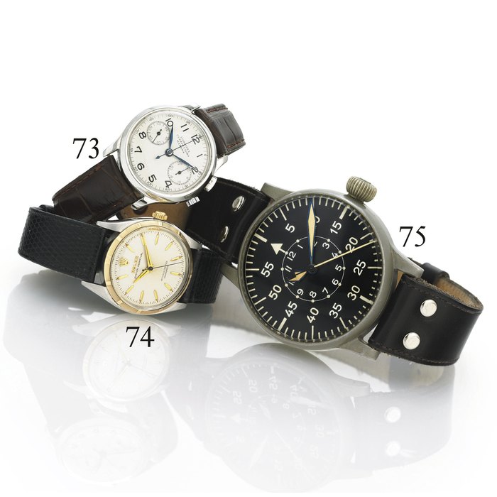 A. LANGE & SÖHNE. A RARE MASSIVE STAINLESS STEEL PILOT'S WRISTWATCH WITH INDIRECT CENTER SECONDS SIGNED A. LANGE & SÖHNE, NO. 215770, CIRCA 1940, Price & Market Data