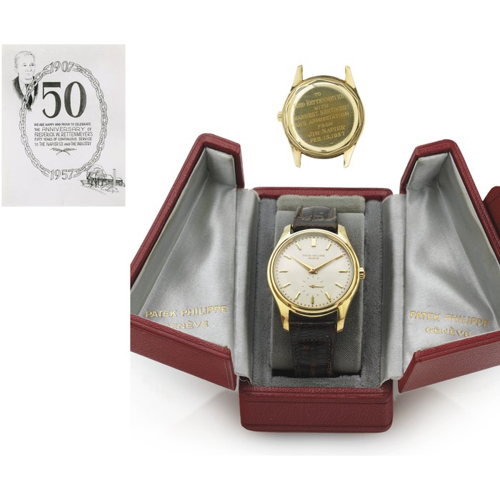 PATEK PHILIPPE. A RARE 18K GOLD AUTOMATIC WRISTWATCH WITH ENAMEL DIAL SIGNED PATEK PHILIPPE, GENEVE, MOVEMENT NO. 760879, CASE NO. 682812, REF. 2526, CIRCA 1954