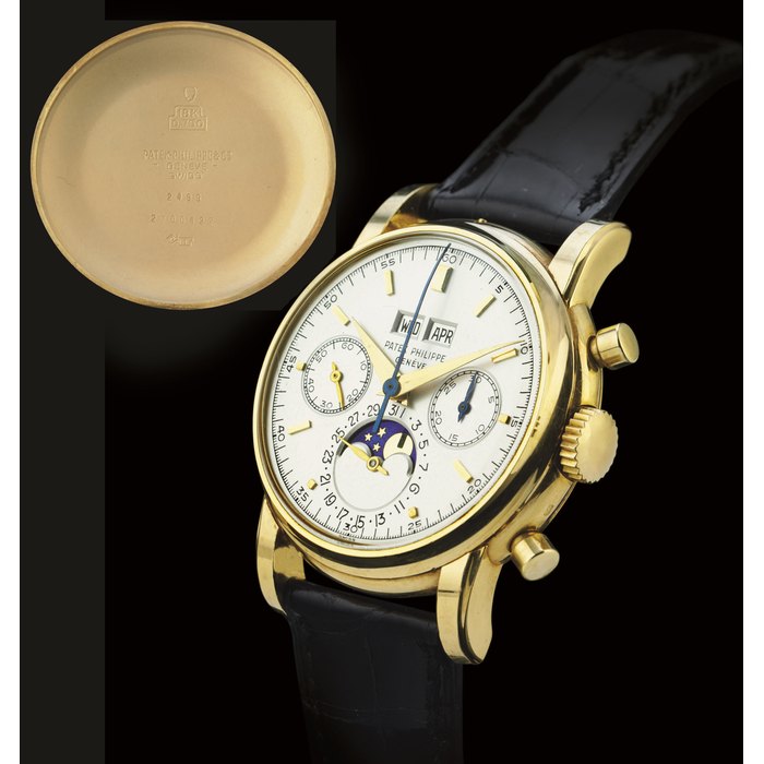 PATEK PHILIPPE. A FINE AND RARE 18K GOLD PERPETUAL CALENDAR CHRONOGRAPH WRISTWATCH WITH MOON PHASES SIGNED PATEK PHILIPPE, GENEVE, MOVEMENT NO. 869476, CASE NO. 2700422, REF. 2499, MANUFACTURED IN 1976