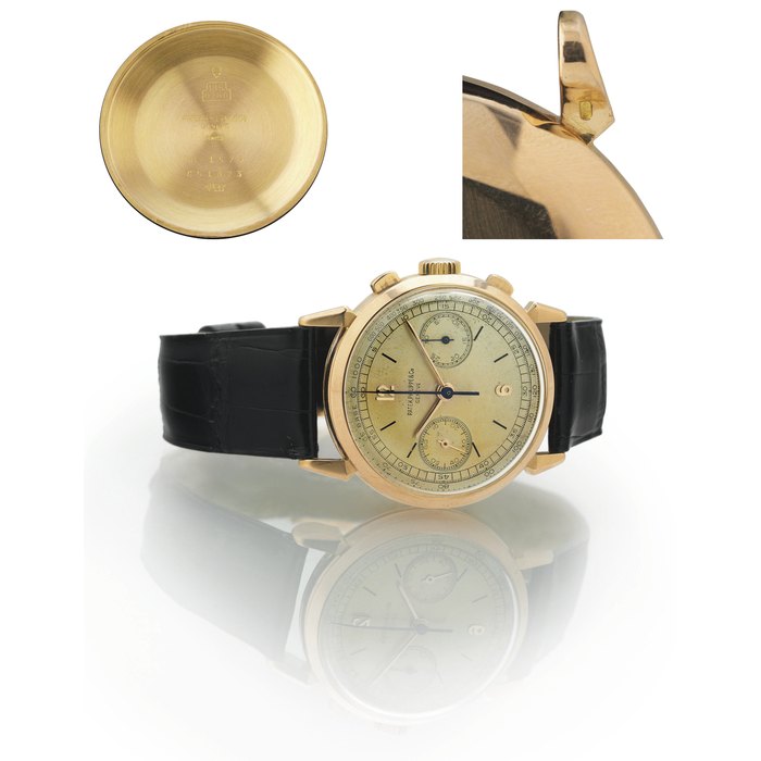 PATEK PHILIPPE. A FINE AND RARE 18K PINK GOLD CHRONOGRAPH WRISTWATCH WITH UNUSUAL LUGS SIGNED PATEK PHILIPPE & CO., GENEVE, MOVEMENT NO. 867482, CASE NO. 651873, REF. 1579, MANUFACTURED IN 1948