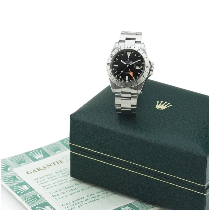 ROLEX. A RARE STAINLESS STEEL AUTOMATIC WRISTWATCH WITH CENTER SECONDS, 24 HOURS, DATE AND BRACELET SIGNED ROLEX, OYSTER PERPETUAL DATE, "EXPLORER II", MOVEMENT NO. D247731, CASE NO. 3251091, REF. 1655, CIRCA 1972
