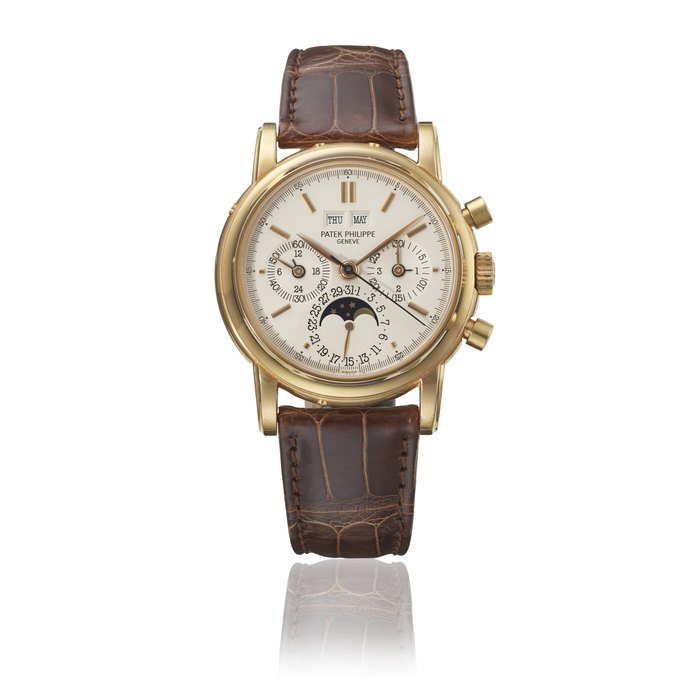 PATEK PHILIPPE. A VERY RARE 18K PINK GOLD PERPETUAL CALENDAR CHRONOGRAPH WRISTWATCH WITH MOON PHASES, 24 HOUR, LEAP YEAR INDICATION AND CERTIFICATE OF ORIGIN SIGNED PATEK PHILIPPE, GENEVE, REF. 3971, MOVEMENT NO. 875'672, CASE NO. 2'870'000 , MANUFACTURED IN 1990