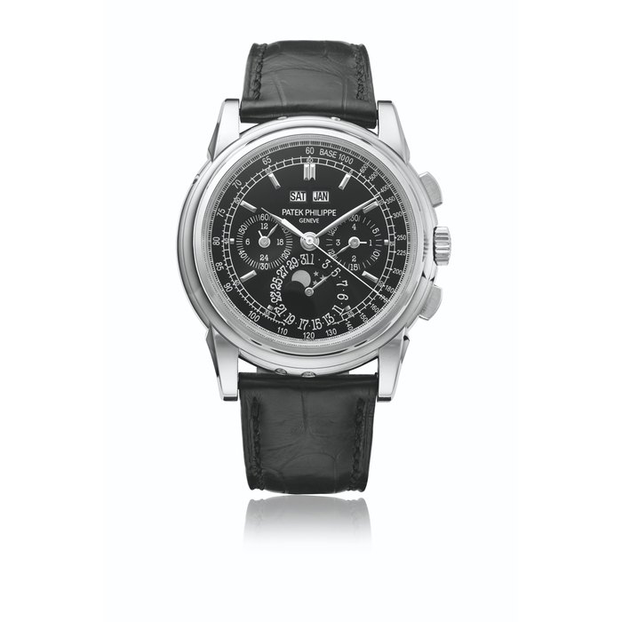 PATEK PHILIPPE. A VERY RARE PLATINUM PERPETUAL CALENDAR CHRONOGRAPH WRISTWATCH WITH MOON PHASES, 24 HOUR INDICATION, ADDITONAL CASE BACK, CERTIFICATE OF ORIGIN AND BOX SIGNED PATEK PHILIPPE, GENEVE, REF. 5970P, CIRCA 2010