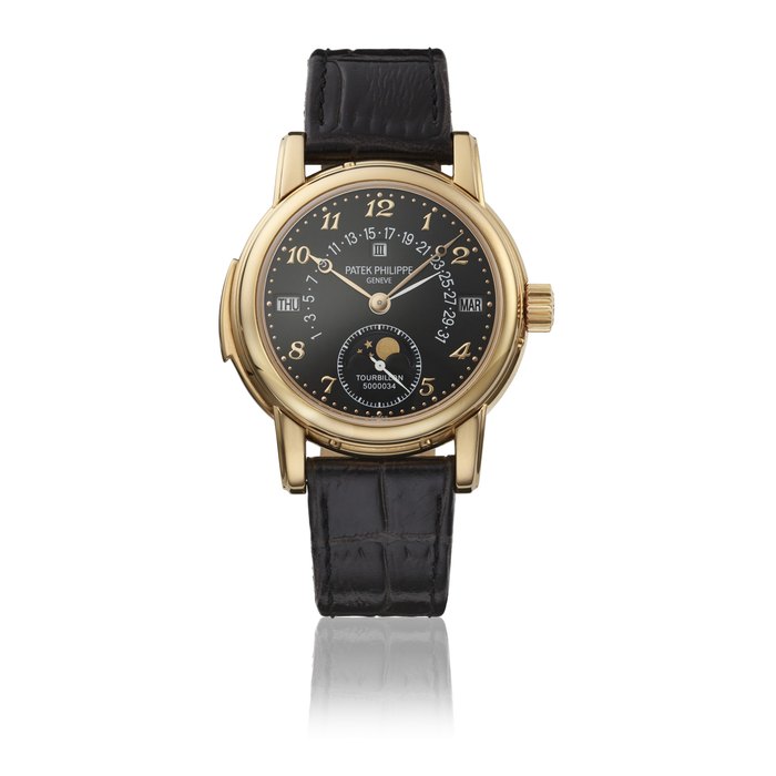 PATEK PHILIPPE. AN EXTREMELY RARE AND HIGHLY IMPORTANT 18K PINK GOLD MINUTE REPEATING PERPETUAL CALENDAR WRISTWATCH WITH TOURBILLON, RETROGRADE DATE, MOON PHASES, LEAP YEAR INDICATION, BLACK DIAL, CERTIFICATES AND BOX SIGNED PATEK PHILIPPE, GENEVE, REF. 5016, CIRCA 2010