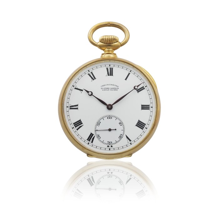ULYSSE NARDIN. AN EXTREMELY FINE AND VERY RARE 18K GOLD OPENFACE KEYLESS LEVER CHRONOMETER WATCH WITH ONE-MINUTE TOURBILLON AND GUILLAUME BALANCE Signed Ulysse Nardin, Locle, Suisse, ‘Chronomètre’, movement no. 122'113, case no. 610'587, the carriage by James C. Pellaton, manufactured April 1942