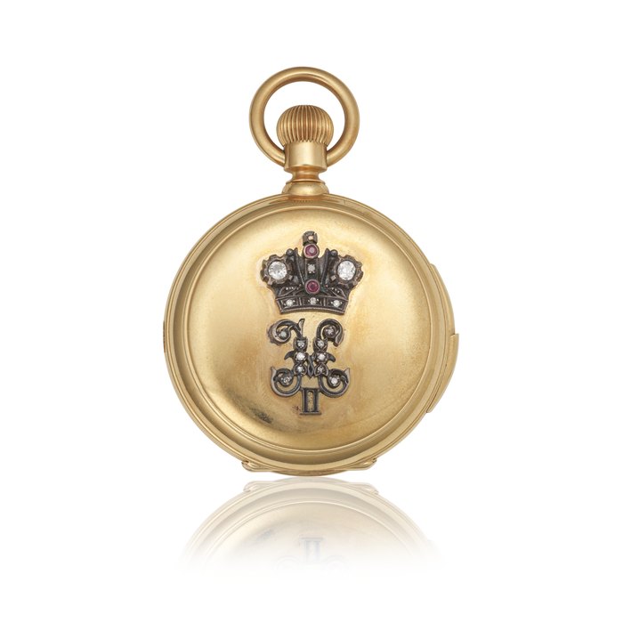  PAUL BUHRÉ . A VERY FINE AND EXTREMELY RARE LARGE 18K GOLD MINUTE REPEATING DIAMOND AND RUBY-SET HUNTING-CASED KEYLESS LEVER WATCH WITH CHRONOGRAPH, PERPETUAL CALENDAR, MOON PHASES AND ORIGINAL BOX Signed Paul Buhré, Horloger de la Cour Impériale, Moscow and St. Petersburg, No. 2440, circa 1870, Price & Market Data