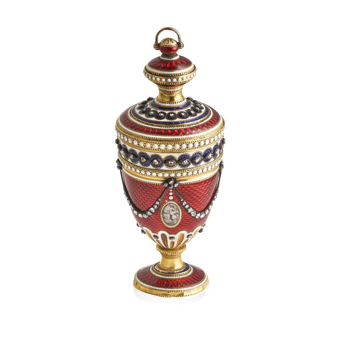MARKWICK MARKHAM, PERIGAL. A VERY FINE AND EXTREMELY RARE SMALL 18K GOLD, GILT METAL, SILVER AND ENAMEL DIAMOND-SET VASE-FORM WATCH WITH CONCEALED DIAL, MADE FOR THE TURKISH MARKET Signed Markwick Markham, Perigal, London, No. 24'914, dated December 1781