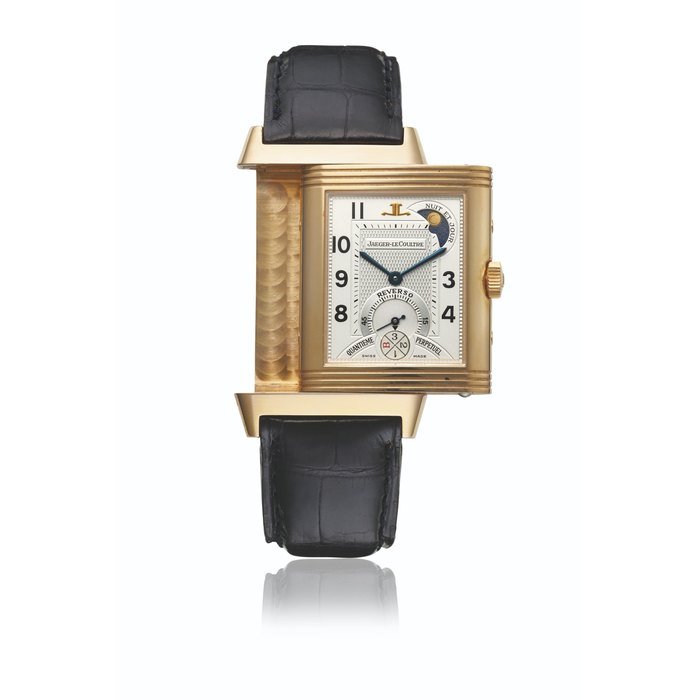 Jaeger-Lecoultre JAEGER-LECOULTRE. A VERY RARE 18K PINK GOLD LIMITED EDITION PERPETUAL CALENDAR REVERSO WRISTWATCH WITH RETROGRADE DATE, LEAP YEAR, DAY AND NIGHT INDICATION, MOON PHASES, CERTIFICATES AND BOX SIGNED JAEGER-LECOULTRE REVERSO QUANTIEME PERPETUEL MODEL, NO.121/500, CIRCA 2000