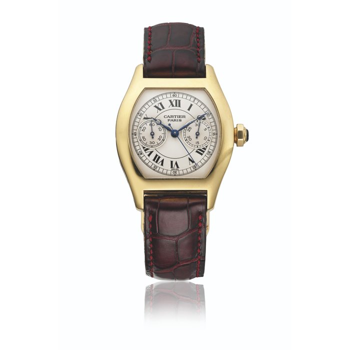 CARTIER. AN ELEGANT 18K YELLOW GOLD TONNEAU-SHAPED SINGLE-BUTTON CHRONOGRAPH WRISTWATCH SIGNED CARTIER, COLLECTION PRIVÉE, TORTUE CHRONOGRAPH MODEL, REF. 2353, CIRCA 2000
