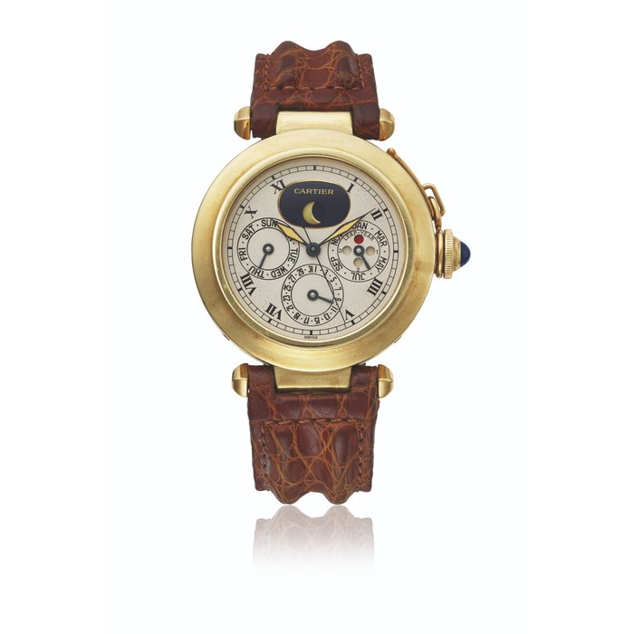 CARTIER. AN ATTRACTIVE 18K GOLD PERPETUAL CALENDAR WRISTWATCH WITH SWEEP CENTRE SECONDS, MOON PHASES, LEAP-YEAR INDICATION AND BOX SIGNED CARTIER, PASHA PERPETUAL CALENDAR MODEL, REF. 30003, CIRCA 1986