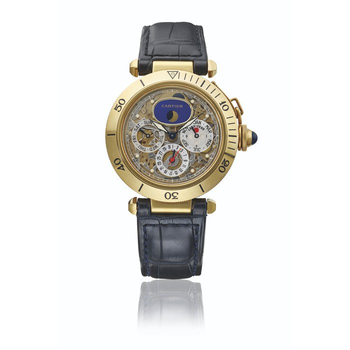 Cartier CARTIER. AN HIGHLY ATTRACTIVE AND VERY RARE 18K GOLD AUTOMATIC PERPETUAL CALENDAR TOURBILLON WRISTWATCH WITH MOON PHASES AND SKELETONIZED DIAL SIGNED CARTIER, PASHA TOURBILLON MODEL, CIRCA 2000