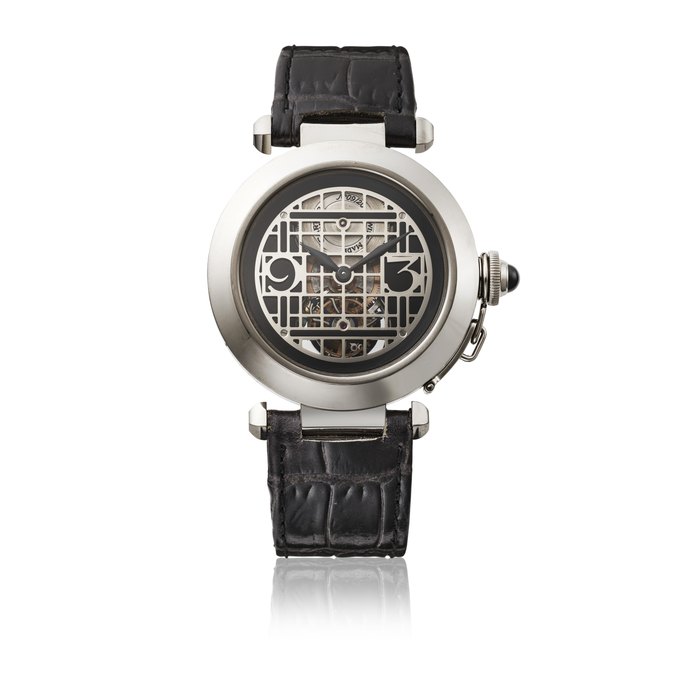 CARTIER. A VERY RARE 18K WHITE GOLD LIMITED EDITION AUTOMATIC TOURBILLON WRISTWATCH WITH CERTIFICATES AND BOX SIGNED CARTIER, PASHA DE CARTIER TOURBILLON MODEL, NO. 9/20, CIRCA 2003