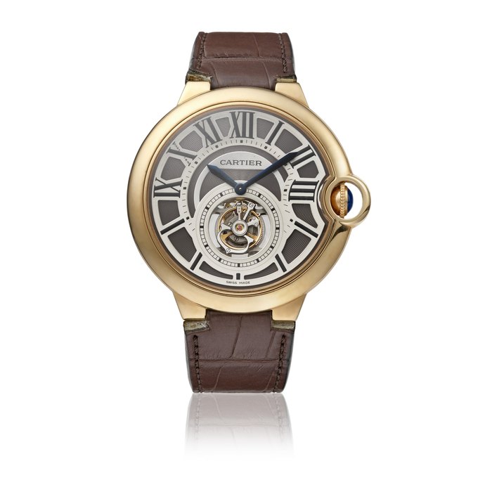 CARTIER. A RARE 18K PINK GOLD FLYING TOURBILLON WRISTWATCH WITH CERTIFICATES AND BOX SIGNED CARTIER, BALLON BLEU TOURBILLON MODEL, REF. 3088, NO. 54, CIRCA 2009
