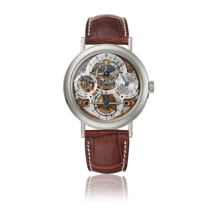 BREGUET. A RARE PLATINUM SKELETONISED PERPETUAL CALENDAR TOURBILLON WRISTWATCH WITH RETROGRADE DATE AND LEAP YEAR INDICATION SIGNED BREGUET, CLASSIC COMPLICATION MODEL, REF. 3755, CIRCA 2007