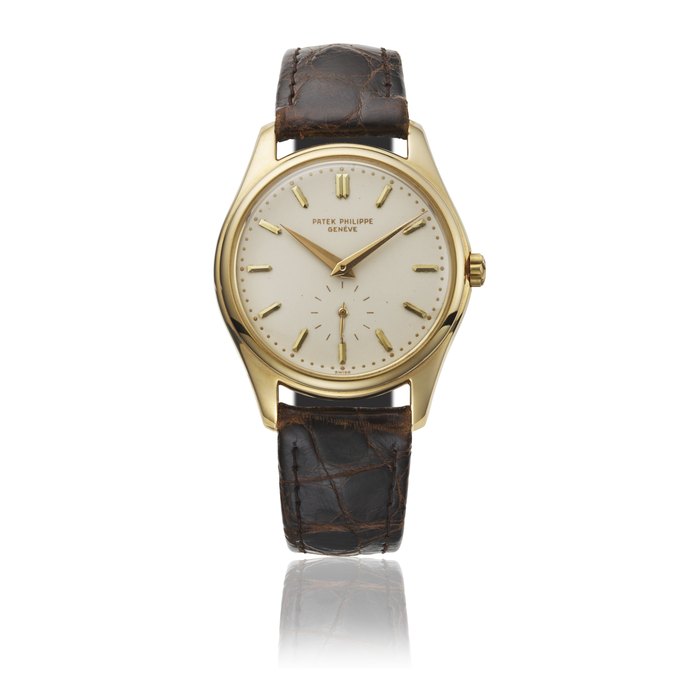 PATEK PHILIPPE. A RARE AND ATTRACTIVE 18K GOLD AUTOMATIC WRISTWATCH WITH IVORY-COLOURED ENAMEL DIAL SIGNED PATEK PHILIPPE, GENEVE, REF, 2526, MOVEMENT NO. 760'114, CASE NO. 678'239, MANUFACTURED IN 1953