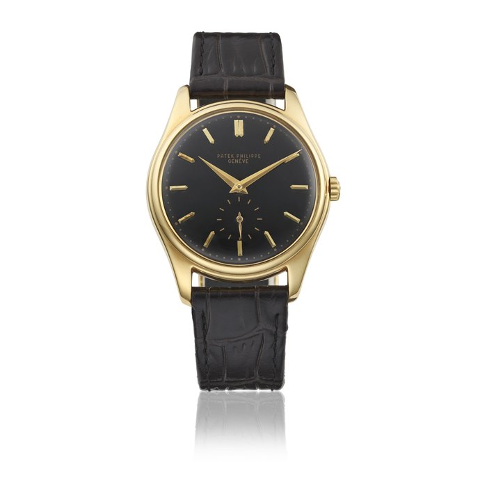 PATEK PHILIPPE. AN EXTREMELY RARE 18K GOLD AUTOMATIC WRISTWATCH WITH BLACK DIAL SIGNED PATEK PHILIPPE, GENEVE, REF. 2526, MOVEMENT NO. 761'695, CASE NO. 687'316, MANUFACTURED IN 1955