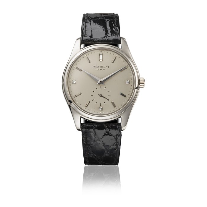 PATEK PHILIPPE. AN EXTREMELY RARE AND HIGHLY ATTRACTIVE 18K WHITE GOLD AND DIAMOND-SET AUTOMATIC WRISTWATCH SIGNED PATEK PHILIPPE, GENEVE, REF. 2526, MOVEMENT NO. 762'008, CASE NO. 688'732, MANUFACTURED IN 1955