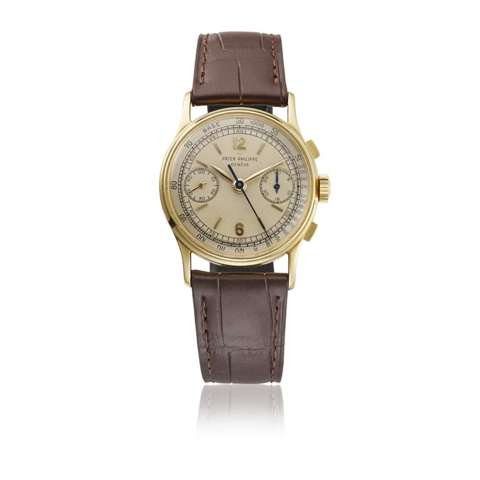 PATEK PHILIPPE. A VERY RARE AND ATTRACTIVE 18K GOLD CHRONOGRAPH WRISTWATCH SIGNED PATEK PHILIPPE, GENEVE, REF. 130, MOVEMENT NO. 868'924, CASE NO. 699'978, MANUFACTURED IN 1956