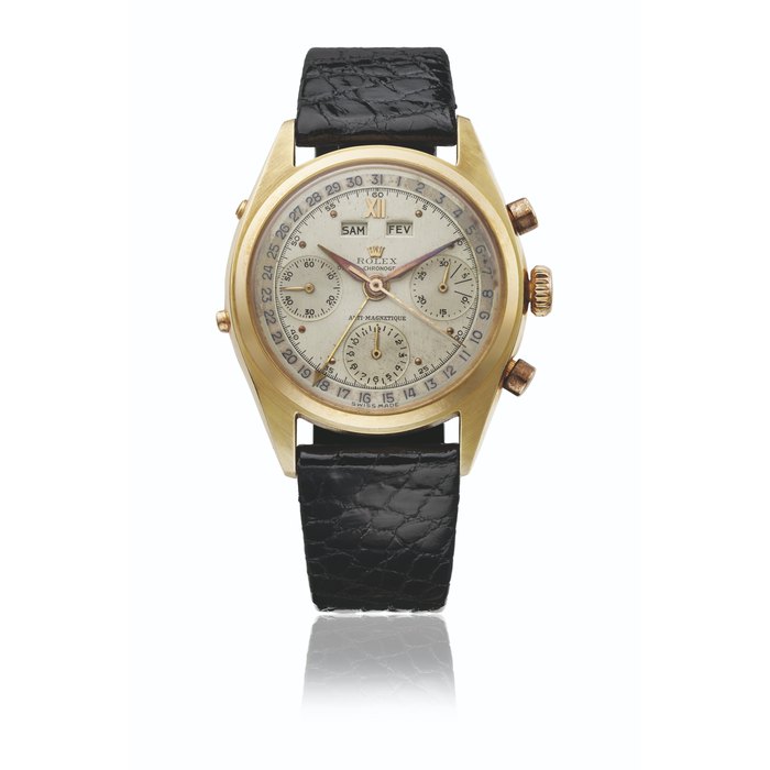 ROLEX. A VERY RARE AND ATTRACTIVE 18K GOLD TRIPLE CALENDAR CHRONOGRAPH WRISTWATCH SIGNED ROLEX, OYSTER CHRONOGRAPH, ANTI-MAGNETIC, REF. 6036, CASE NO. 944068, CIRCA 1953