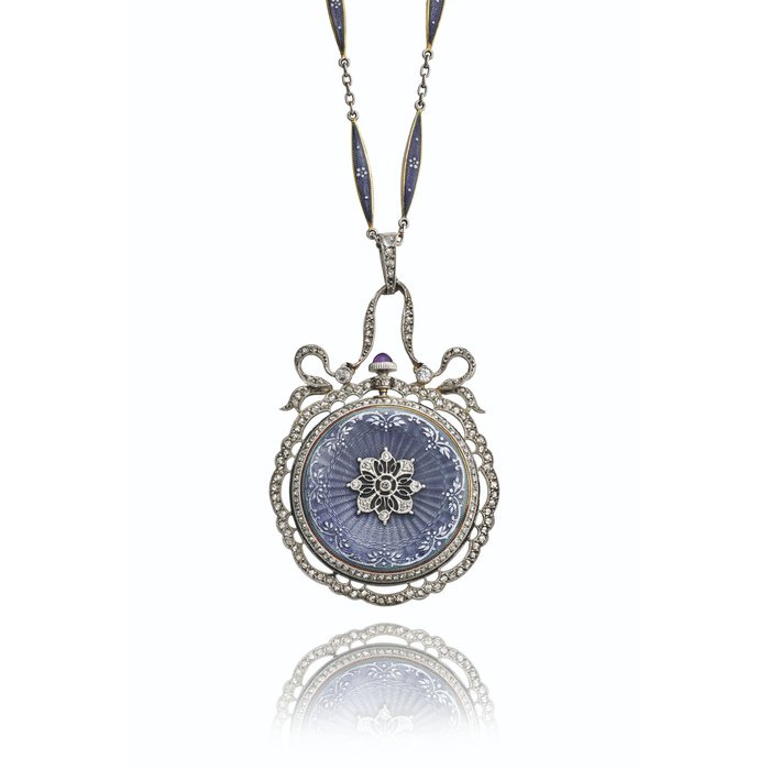 PATEK PHILIPPE. AN EXQUISITE 18K YELLOW GOLD, PLATINUM, ENAMEL AND DIAMOND-SET OPENFACE PENDANT WATCH WITH MATCHING CHAIN Signed Patek Philippe, Genève, movement no. 161’319, case no. 263’581, manufactured in 1910