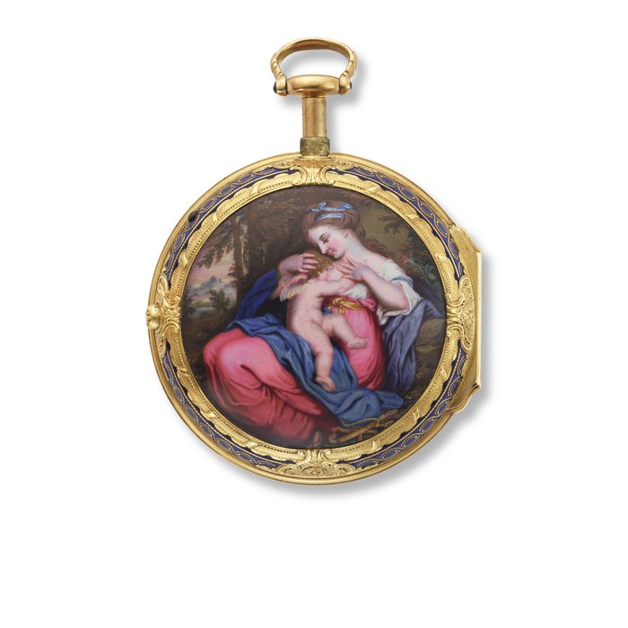 MUDGE & DUTTON. AN EXCEPTIONAL AND IMPORTANT 22K GOLD AND PAINTED ON ENAMEL BELL OR À TOC QUARTER REPEATING PAIR CASED CYLINDER WATCH, ENAMEL IN THE MANNER OF GEORGE MICHAEL MOSER AFTER SIR JOSHUA REYNOLDS Signed Mudge and Dutton, London, No. 765, circa 1770