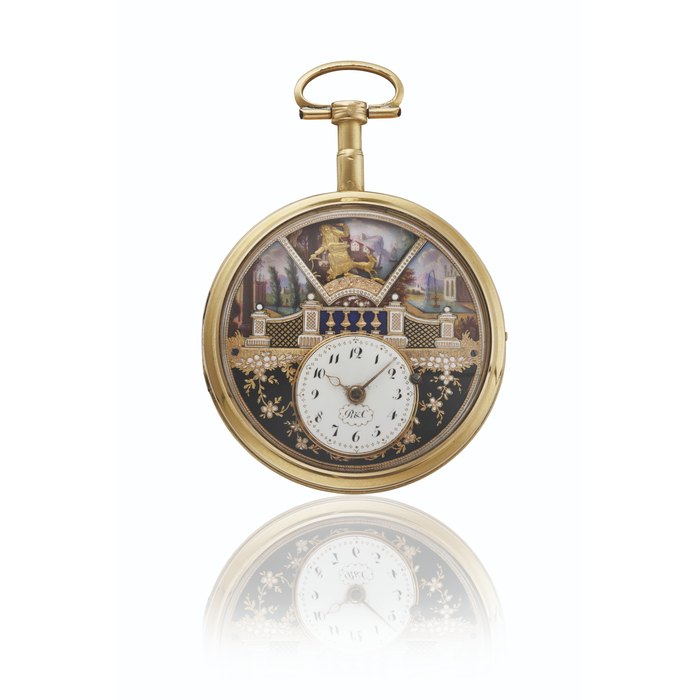 Robert & Courvoisier ROBERT & COURVOISIER. A FINE, RARE AND ATTRACTIVE 18K GOLD AND ENAMEL CYLINDER WATCH WITH FOUR AUTOMATON SCENES Signed Robert & Courvoisier, No. 69’446, circa 1780, Price & Market Data