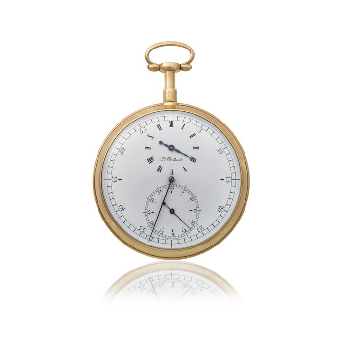 LOUIS BERTHOUD, NO. 2370. AN EXTREMELY FINE, EARLY AND HIGHLY IMPORTANT 18K GOLD OPENFACE POCKET CHRONOMETER WITH PIVOTED DETENT ESCAPEMENT AND FRICTION ROLLERS Signed Louis Berthoud, Paris, No. 2370, "Montre Seconds Garde Temps" sold to Prince Karol Radziwill for 100 gold Louis (2400 livres), Paris hallmarks for 1789