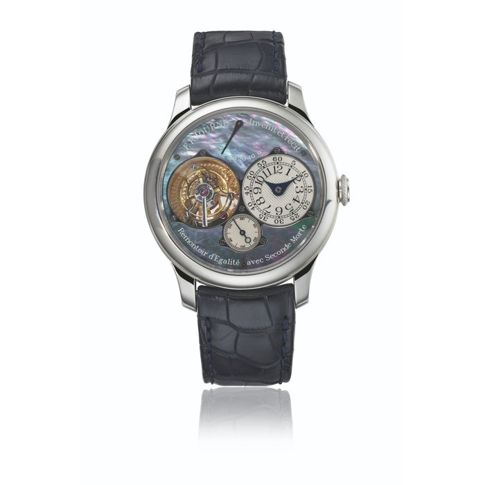 F.P. JOURNE. AN EXTREMELY RARE AND MAGNIFICENT PLATINUM LIMITED EDITION TOURBILLON WRISTWATCH WITH POWER RESERVE, CONSTANT FORCE REMONTOIRE, DEAD BEAT SECONDS, MOTHER-OF-PEARL DIAL, CERTIFICATE AND BOX SIGNED F.P. JOURNE, TOURBILLON SOUVERAIN MODEL, NO. 285-TN, CIRCA 2007