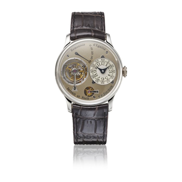 F.P. JOURNE. AN EXTREMELY RARE AND EARLY PLATINUM TOURBILLON WRISTWATCH WITH POWER RESERVE, CONSTANT FORCE REMONTOIR, DEAD BEAT SECONDS, BRASS MOVEMENT, CERTIFICATES AND BOX SIGNED F.P. JOURNE, TOURBILLON SOUVERAIN, REF. T, NO. 134/01T, CIRCA 2001