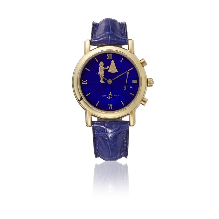 ULYSSE NARDIN. A RARE AND ATTRACTIVE 18K GOLD AUTOMATIC HOUR STRIKING AND REPEATING WRISTWATCH WITH JACQUEMART AUTOMATON,ENAMEL DIAL AND BOX SIGNED ULYSSE NARDIN, SAN MARCO MODEL , REF. 751-22 CIRCA 1995