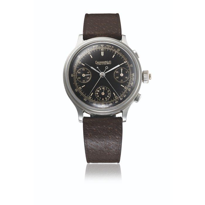 EBERHARD & CO. A VERY RARE AND HIGLY ATTRACTIVE STAINLESS STEEL SPLIT SECONDS CHRONOGRAPH WRISTWATCH WITH TROPICAL DIAL AND START/STOP/LOCK DEVICE SIGNED EBERHARD & CO., LA CHAUX-DE-FONDS, MOVEMENT NO. 17'449, CASE NO. 1'008'593, MANUFACTURED IN 1941