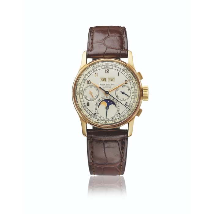 PATEK PHILIPPE. AN EXTREMELY RARE AND IMPORTANT 18K PINK GOLD PERPETUAL CALENDAR CHRONOGRAPH WRISTWATCH WITH MOON PHASES AND TACHYMETER DIAL SIGNED PATEK PHILIPPE, GENEVE, RETAILED BY SERPICO Y LAINO, CARACAS, REF. 1518, MOVEMENT NO. 868'234, CASE NO. 674'146, MANUFACTURED IN 1951