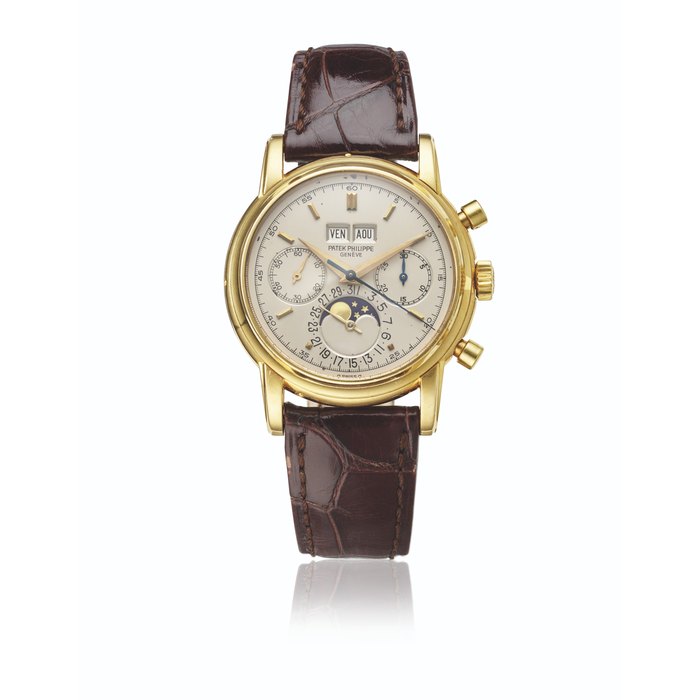 PATEK PHILIPPE. A VERY RARE 18K GOLD PERPETUAL CALENDAR CHRONOGRAPH WRISTWATCH WITH MOON PHASES , CERTIFICATE OF ORIGIN AND BOX SIGNED PATEK PHILIPPE, GENEVE, REF. 2499, 4TH SERIES, MOVEMENT NO. 869’298, CASE NO. 2'792’154, MANUFACTURED IN 1984