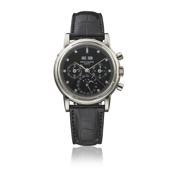 PATEK PHILIPPE. A VERY RARE PLATINUM AND DIAMOND-SET PERPETUAL CALENDAR CHRONOGRAPH WRISTWATCH WITH MOON PHASES, 24 HOUR INDICATION, LEAP YEAR INDICATION, CERTIFICATE OF ORIGIN AND BOX SIGNED PATEK PHILIPPE, GENEVE, REF. 3970, MANUFACTURED IN 2004